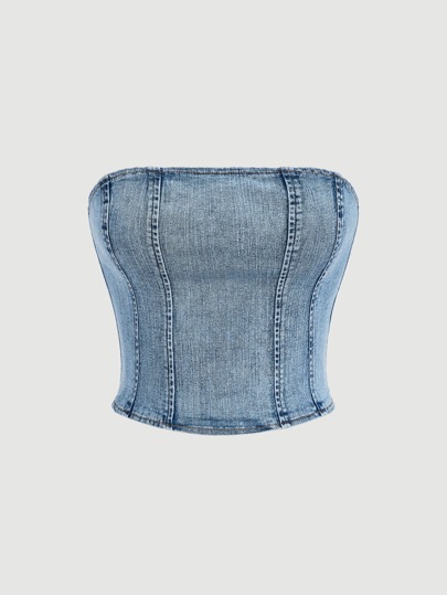 SHEIN MOD Metal Zip Back Topstitching Tube Summer Denim Tube Top, Vintage