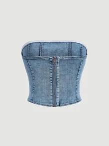 SHEIN MOD Metal Zip Back Topstitching Tube Summer Denim Tube Top, Vintage - Light Wash - View 2