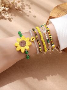 6pcs Sunflower Decor Beaded Bracelet - Multicolor - View 1