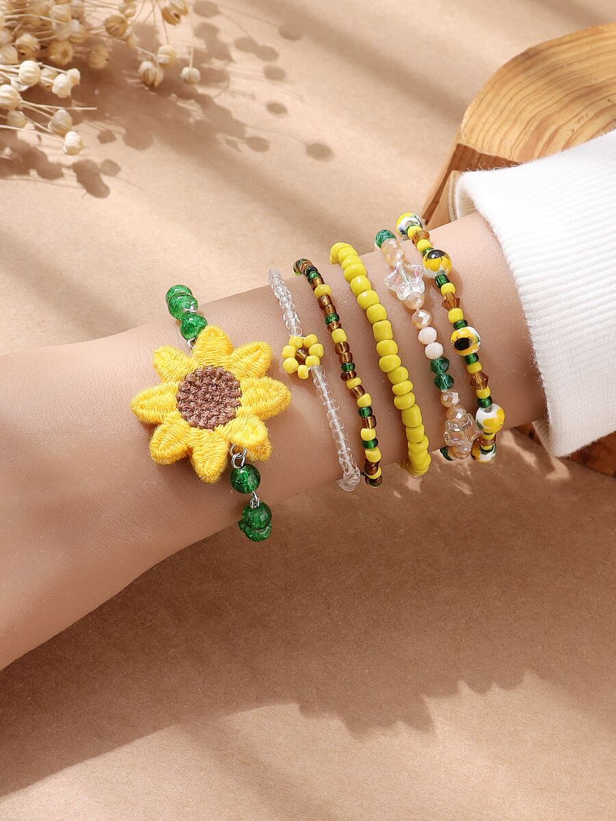6pcs Sunflower Decor Beaded Bracelet - Multicolor - View 1