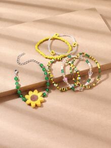 6pcs Sunflower Decor Beaded Bracelet - Multicolor - View 2