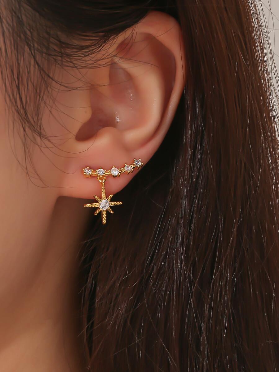 Cubic Zirconia & Star Decor Clip On Earrings - Yellow Gold - View 1