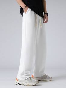 Manfinity Hypemode Men's Loose Fit Sweatpants With Letter Patch Detail And Drawstring Waist, Spring/Autumn Long Vacation Straight Leg Slacks Pants, For Husband, Boyfriend Gifts - White - View 4