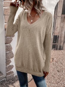 SHEIN LUNE Jersey unicolor de cuello V de hombros caídos - Albaricoque - Ver 3