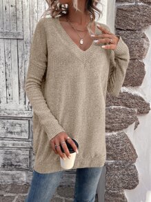 SHEIN LUNE Jersey unicolor de cuello V de hombros caídos - Albaricoque - Ver 4