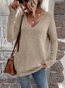 SHEIN LUNE Jersey unicolor de cuello V de hombros caídos - Albaricoque - Ver 5