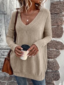 SHEIN LUNE Jersey unicolor de cuello V de hombros caídos - Albaricoque - Ver 8