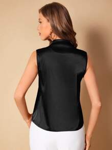 SHEIN BAE Solid V Neck Satin Blouse - Black - View 2