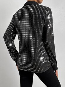 SHEIN Privé Áo sơ mi nữ Nút phía trước màu trơn Buổi tiệc - màu đen - Xem 2