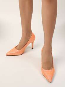 Glitter Point Toe Stiletto Heeled Court Pumps - Coral Orange - View 1