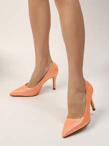 Glitter Point Toe Stiletto Heeled Court Pumps - Coral Orange - View 3