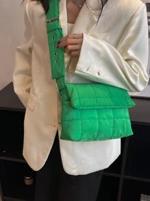 絎縫圖案翻蓋方包 - 綠色 - 查看 2