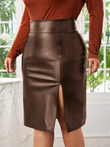 SHEIN Privé Váy Plus Size Dây kéo Tách cao màu trơn Thanh lịch - Cà phê nâu - Xem 4