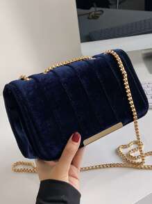 Geometric Minimalist Quilted Detail Flap Chain Square Bag For Business/Commute/Work/Office - Navy Blue - View 3