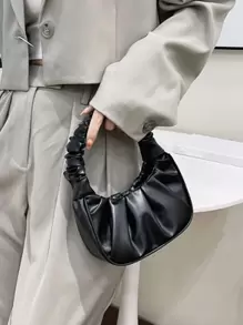 迷你纯色褶皱手提包，女士纯色云朵和新月形手提包 - 黑色 - 查看 1