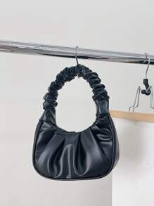 迷你纯色褶皱手提包，女士纯色云朵和新月形手提包 - 黑色 - 查看 2