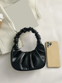 迷你纯色褶皱手提包，女士纯色云朵和新月形手提包 - 黑色 - 查看 5