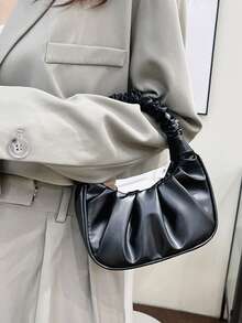 迷你纯色褶皱手提包，女士纯色云朵和新月形手提包 - 黑色 - 查看 6