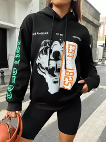 SHEIN Unity 人物和標語圖案落肩袖抽繩連帽衫 - 黑色 - 查看 1