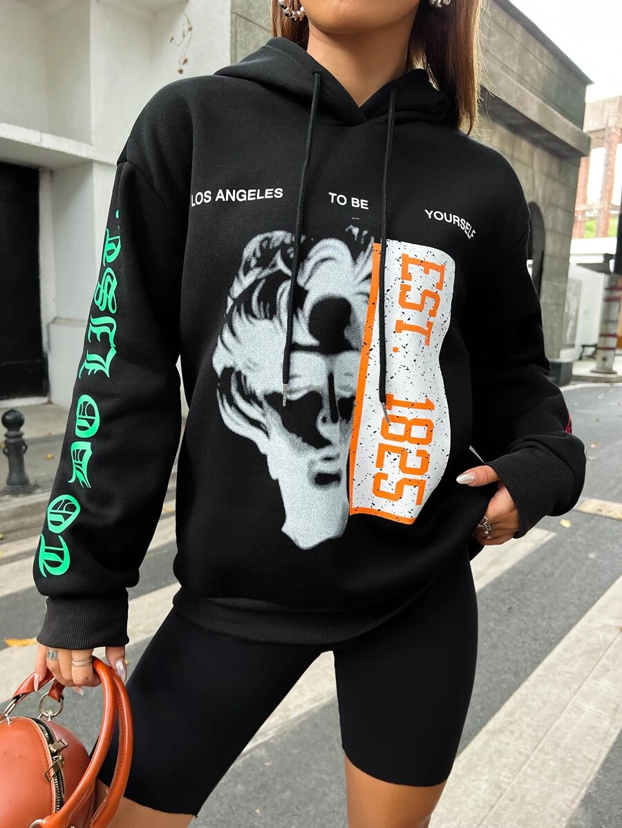 SHEIN Unity 人物和標語圖案落肩袖抽繩連帽衫 - 黑色 - 查看 1