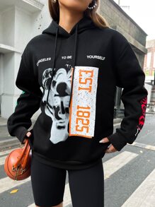 SHEIN Unity 人物和標語圖案落肩袖抽繩連帽衫 - 黑色 - 查看 3