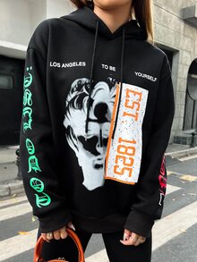 SHEIN Unity 人物和標語圖案落肩袖抽繩連帽衫 - 黑色 - 查看 4