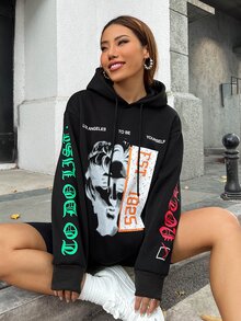 SHEIN Unity 人物和標語圖案落肩袖抽繩連帽衫 - 黑色 - 查看 5