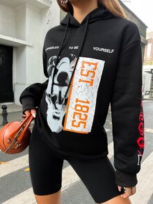 SHEIN Unity 人物和標語圖案落肩袖抽繩連帽衫 - 黑色 - 查看 6