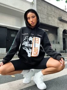 SHEIN Unity 人物和標語圖案落肩袖抽繩連帽衫 - 黑色 - 查看 7