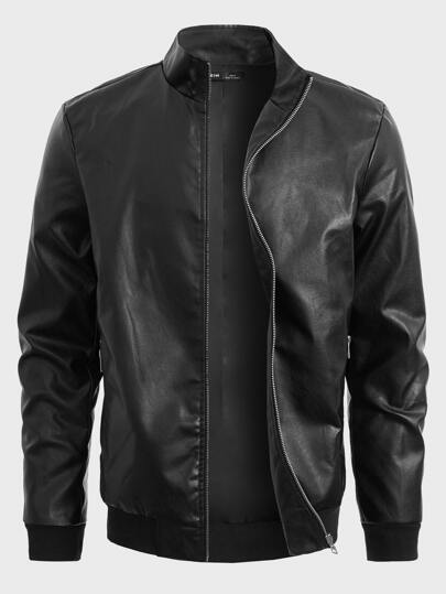 جاكيت رجالي واسع من جلد البولي يوريثين مع سحاب