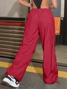 Street Vibes 90s Flap Pocket Drawstring Hem Cargo Parachute Trousers - Red - View 2