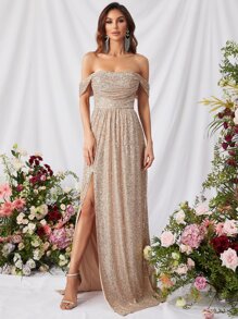 Elisanya Off Shoulder Split Thigh Sequins Prom Dress Elegant Formal Evening Wedding Guest Gown, For Graduation, Dinner Party Dress - Apricot - View 1