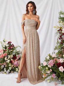 Elisanya Off Shoulder Split Thigh Sequins Prom Dress Elegant Formal Evening Wedding Guest Gown, For Graduation, Dinner Party Dress - Apricot - View 4
