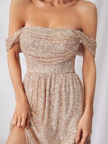 Elisanya Off Shoulder Split Thigh Sequins Prom Dress Elegant Formal Evening Wedding Guest Gown, For Graduation, Dinner Party Dress - Apricot - View 6