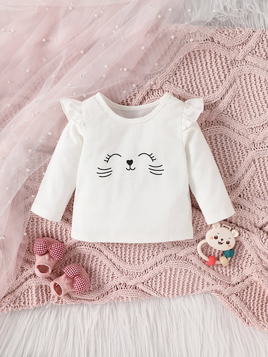 Bebé Camiseta con estampado de dibujos animados ribete con fruncido - Blanco - Ver 1
