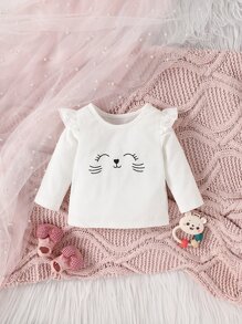 Bebé Camiseta con estampado de dibujos animados ribete con fruncido - Blanco - Ver 3