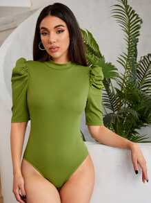 SHEINNeu Solid Puff Sleeve Tee Bodysuit - Lime Green - View 1