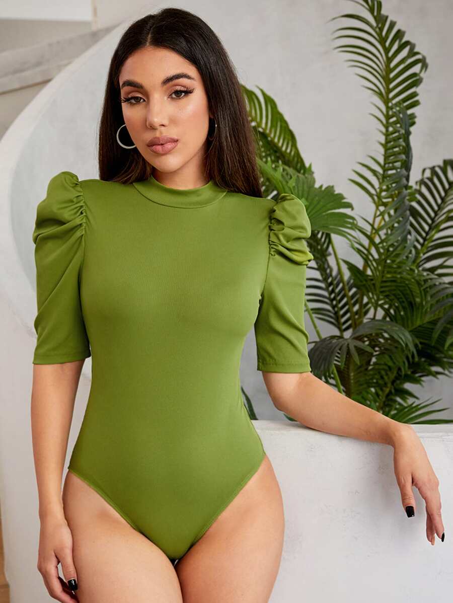 SHEINNeu Solid Puff Sleeve Tee Bodysuit - Lime Green - View 1