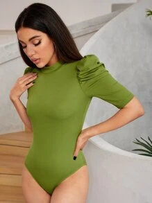 SHEINNeu Solid Puff Sleeve Tee Bodysuit - Lime Green - View 3