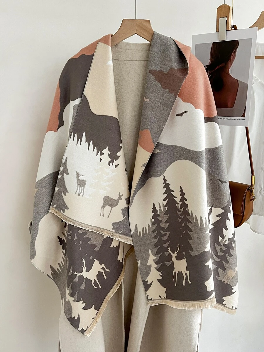 1 Miếng Quý cô Cashmere Dệt hoa Cây thông noel & Tuần lộc Mô hình Khăn choàng Cho mùa đông , Thích hợp Đối với Mặc hàng ngày Và Máy lạnh Thanh lịch - Nhiều màu - Xem 1