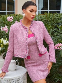 SHEINNeu Abrigo ribete crudo con parte delantera abierta tweed sin vestido - Rosa - Ver 1