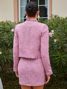 SHEINNeu Abrigo ribete crudo con parte delantera abierta tweed sin vestido - Rosa - Ver 2