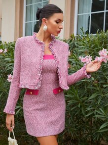 SHEINNeu Abrigo ribete crudo con parte delantera abierta tweed sin vestido - Rosa - Ver 3