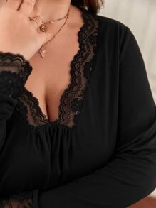 SHEIN Frenchy Áo thun Plus size Tương phản ren màu trơn Giải trí - màu đen - Xem 2