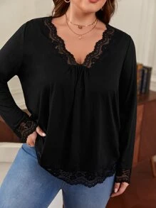 SHEIN Frenchy Áo thun Plus size Tương phản ren màu trơn Giải trí - màu đen - Xem 3