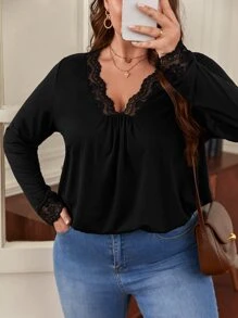 SHEIN Frenchy Áo thun Plus size Tương phản ren màu trơn Giải trí - màu đen - Xem 4