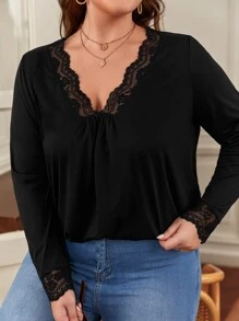 SHEIN Frenchy Áo thun Plus size Tương phản ren màu trơn Giải trí - màu đen - Xem 7