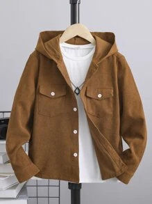 SHEIN 青少年男孩有蓋口袋連帽襯衫（不包括內搭） - 棕色 - 查看 1