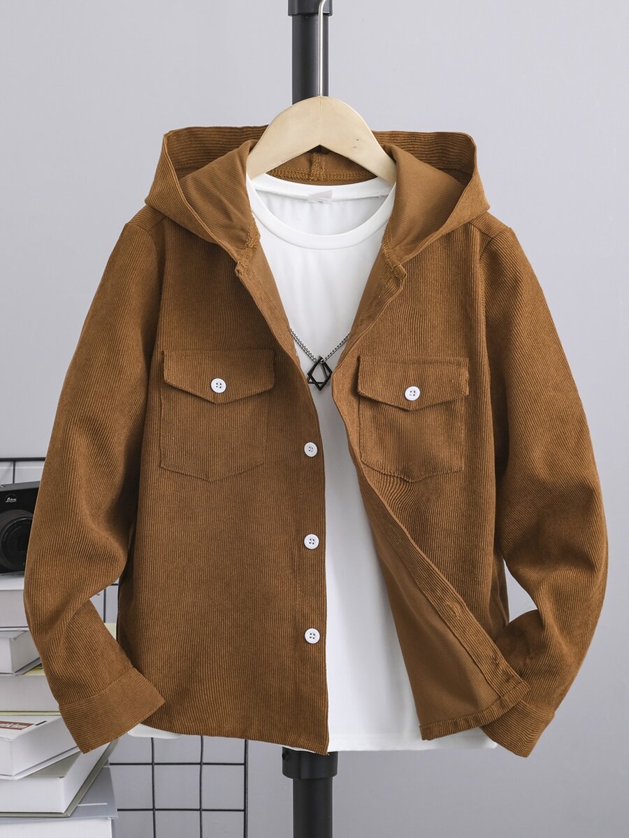 SHEIN 青少年男孩有蓋口袋連帽襯衫（不包括內搭） - 棕色 - 查看 1