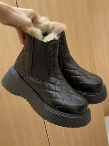 絎縫圖案加絨內裏切爾西靴 - 黑色 - 查看 1